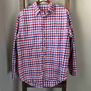 Red, white, and blue button-front dress shirt